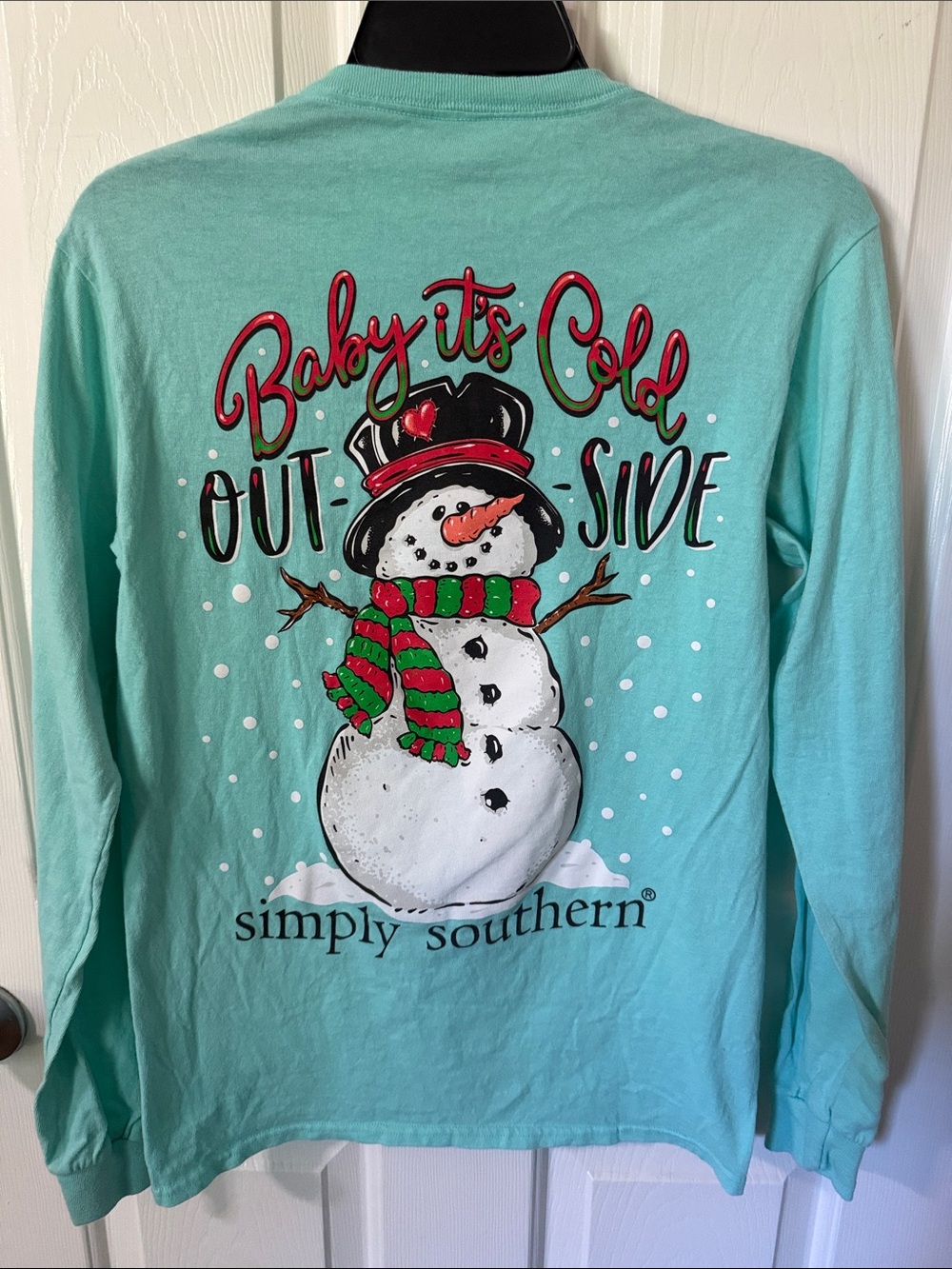 Simply Southern Teal Long Sleeve Snowman 'Baby It's Cold Out Side' Tee